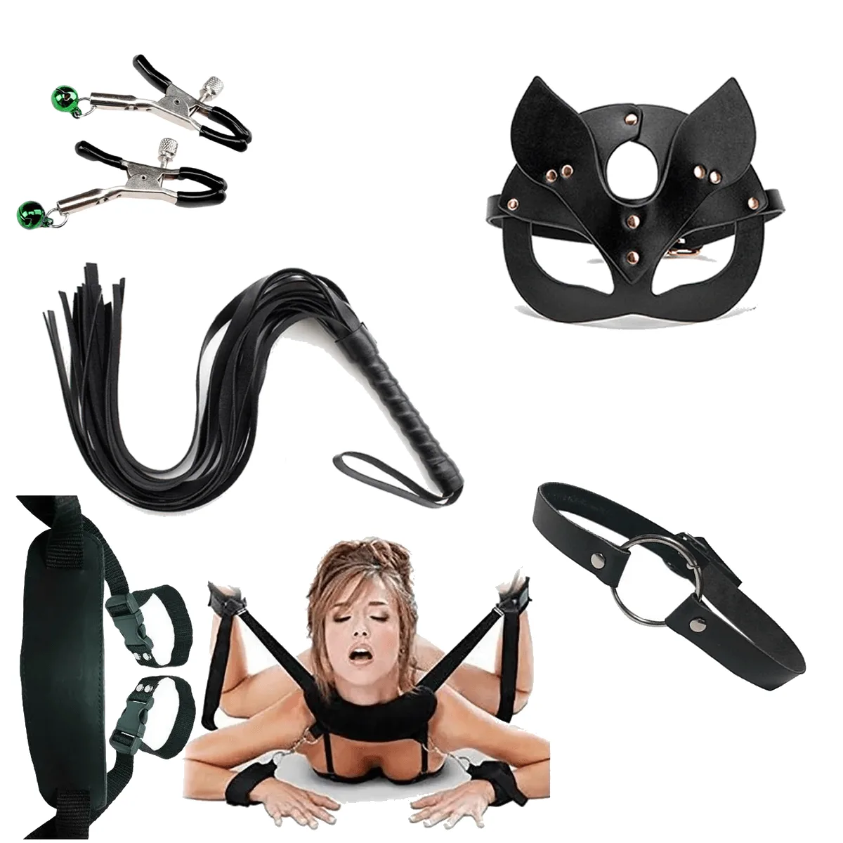Kit Sado Bondage + Arnes Amarre de Cuello + Latigo + Mordaza + Pinza de Pezones (5 Articulos) - Imagen 2